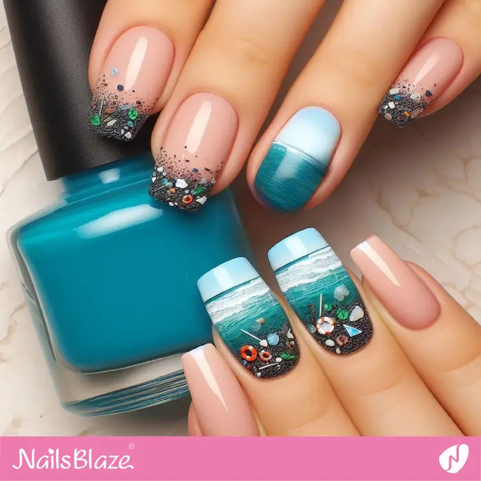 French Nails with Beach and Ocean Plastics Pollution Theme | Save the Ocean Nails - NB3106